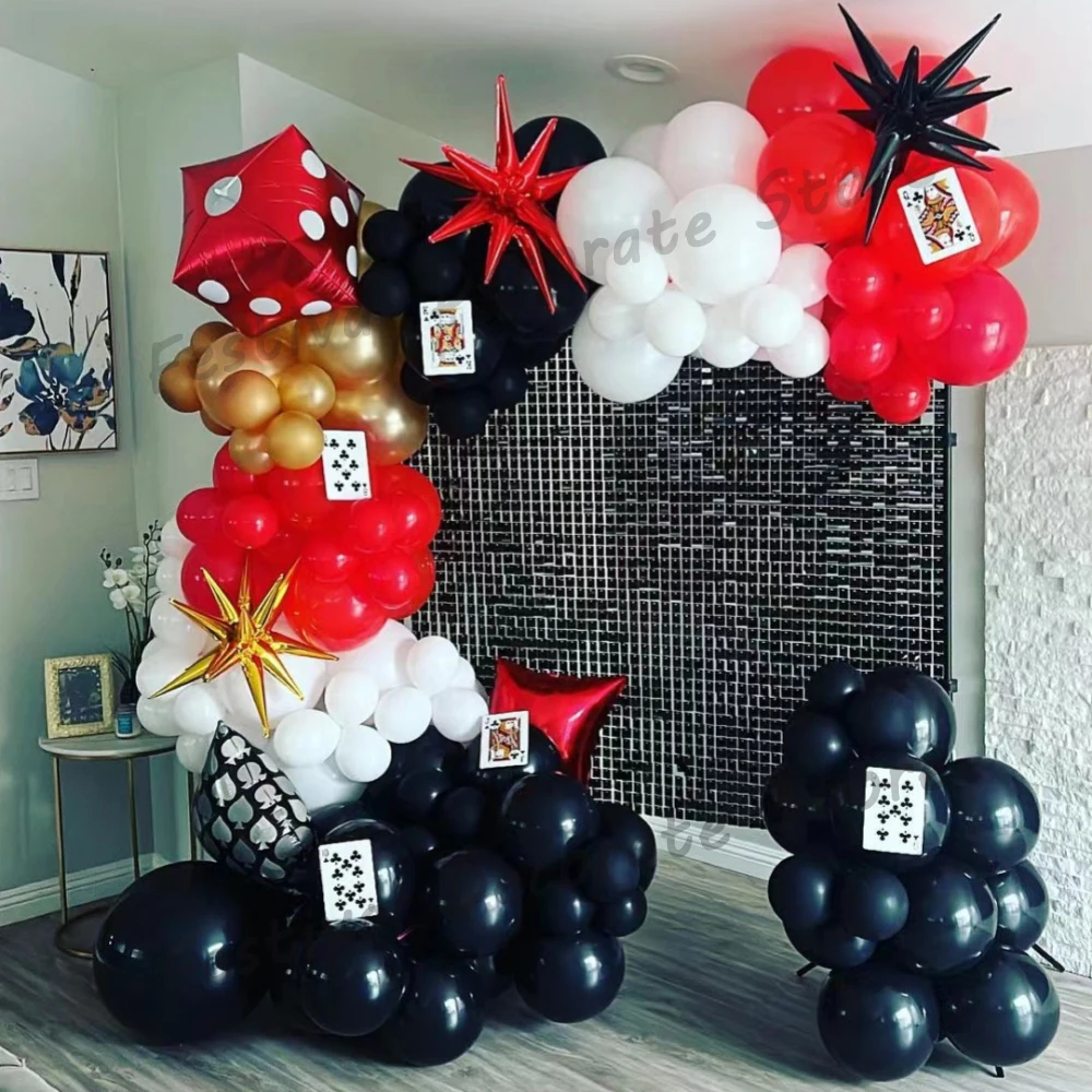 

124/145PCS Casino Party Red Black Playing Cards Balloon Kit with Dice Foil Balloons for Las Vegas Theme Adlut Birthday Party Dec