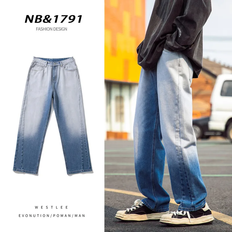 Baggy Jeans Men Fashion Gradient Retro Harajuku Straight Jeans Men Streetwear Hip Hop Loose Denim Pants Mens Trousers S-2XL