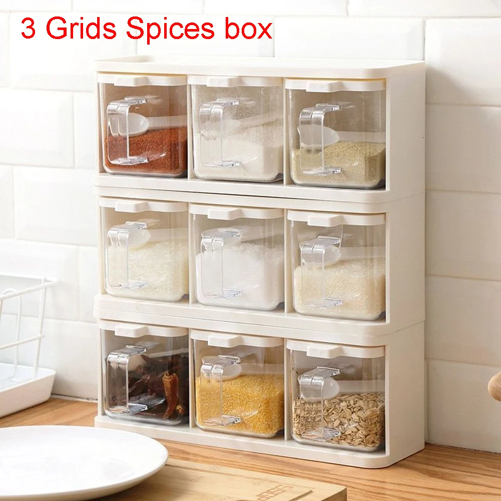 

3 Grids Spoon Herb Seasoning Box With Handle Desktop Kitchen Spices Storage Container Cooking Transparent With Lid Condiment Jar