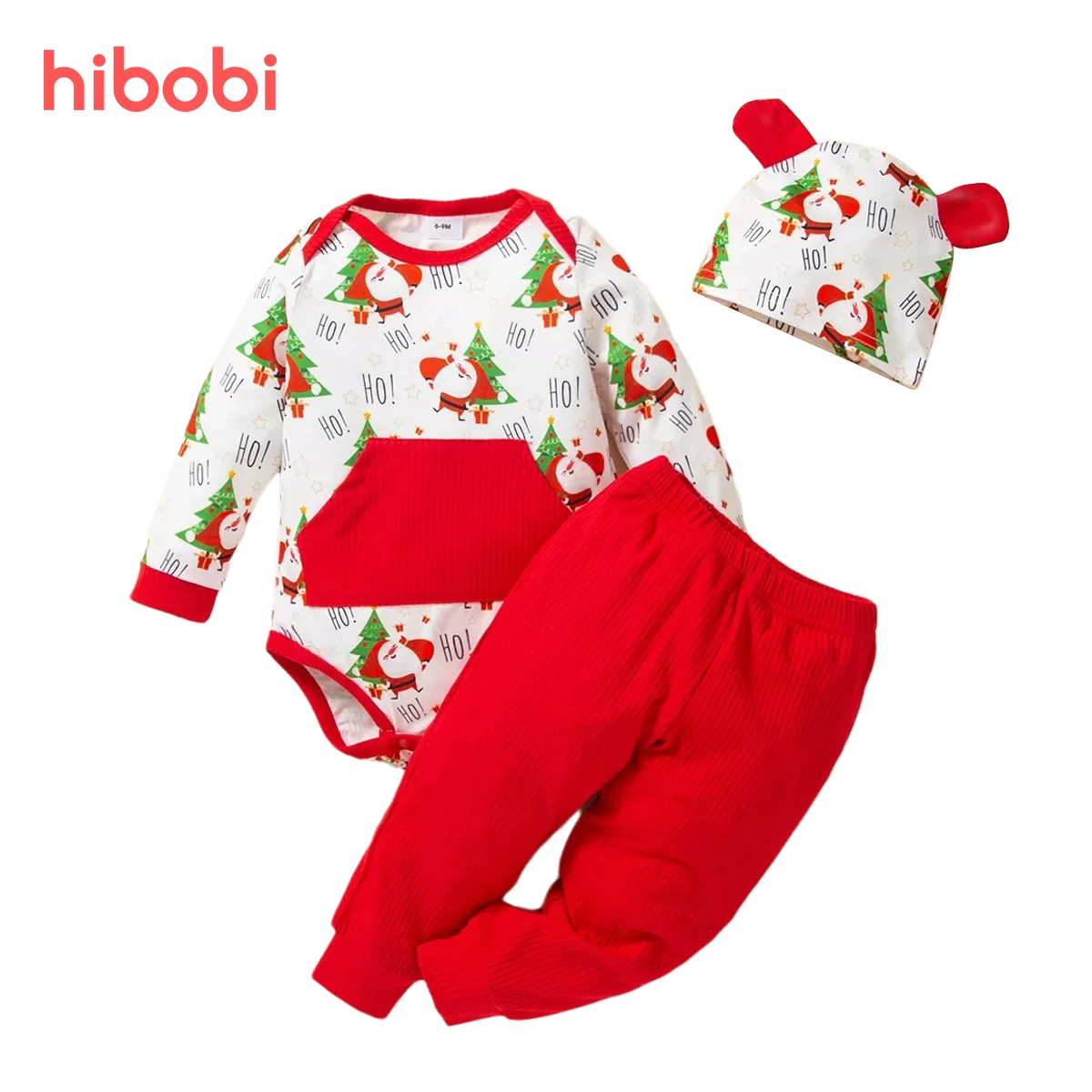 

Комплект одежды для новорожденных Hibobi из 3 предметов, Рождественский комбинезон с мультяшным принтом и штаны для детей 0-12 дюймов, детский ко...
