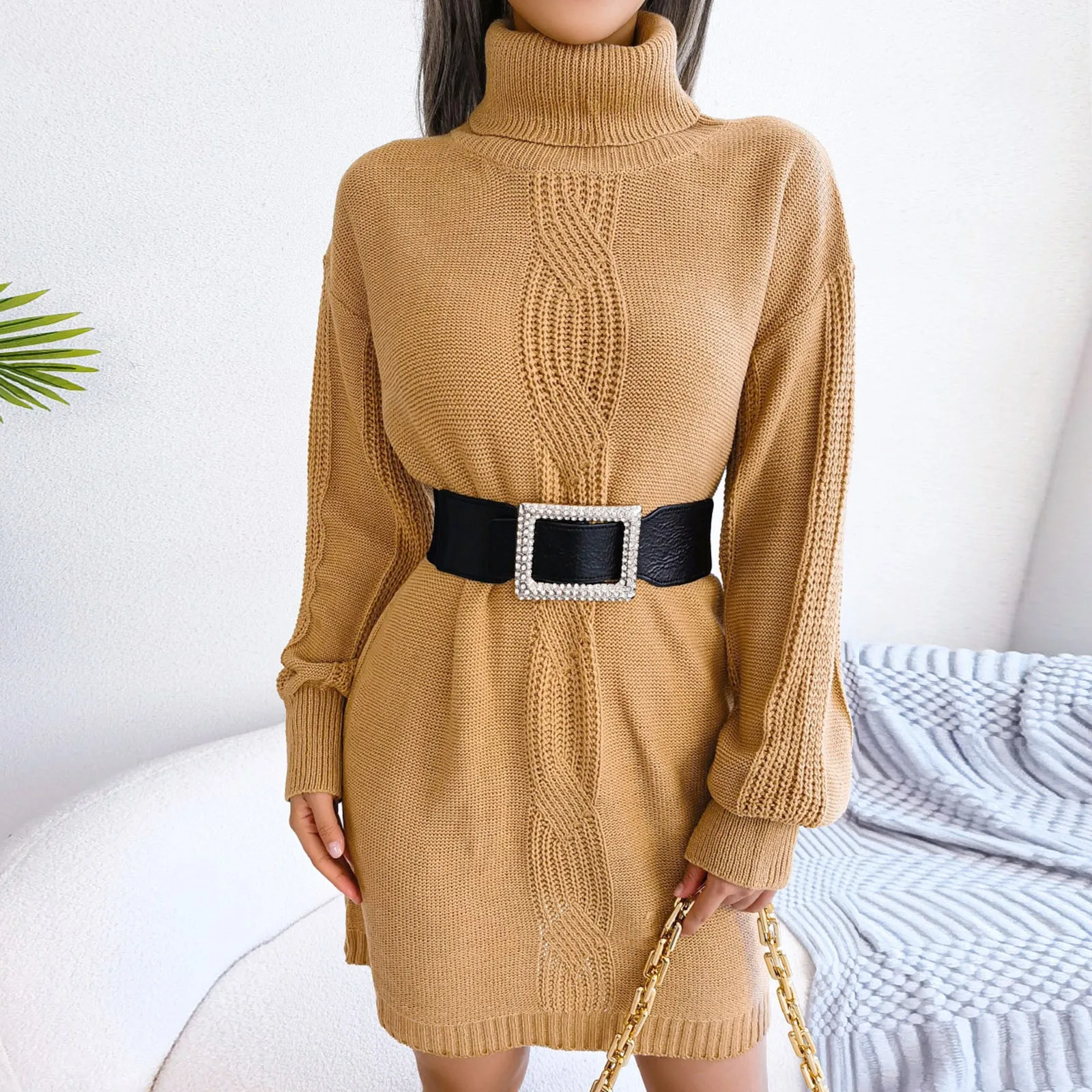 

Women Casual Solid Knitted Sweater Dresses Turtleneck Long Puff Sleeve Ribbed Dress Ladies Autumn Winter Woman Sweater Dresses