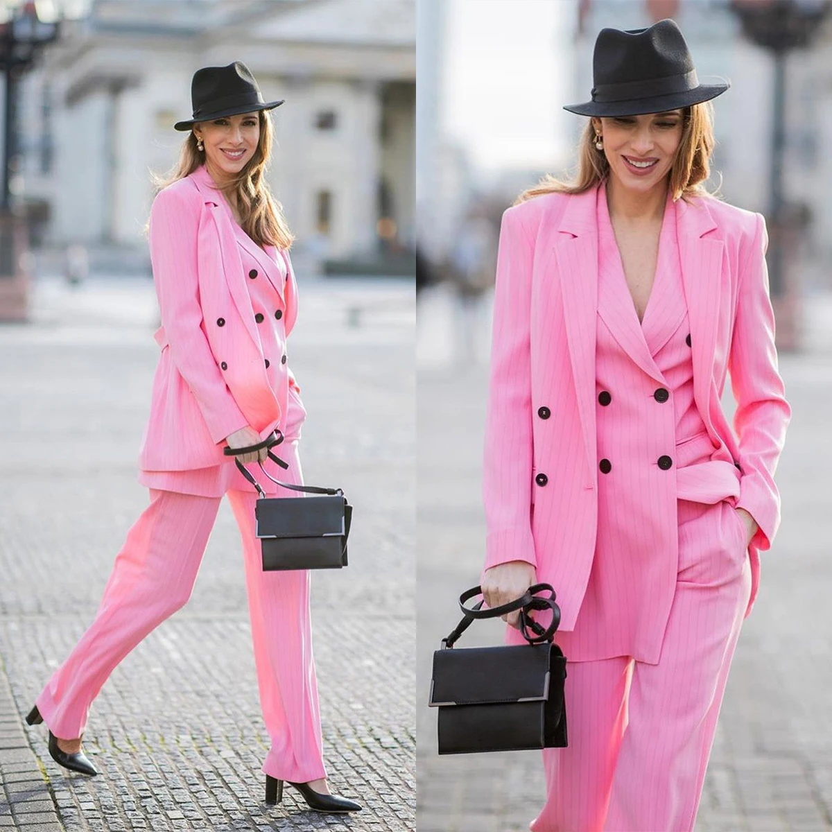 

Hot Pink Strips Mother of the Bride Suits Young Lady Formal Loose Evening Party Blazer Wear 3 Pieces