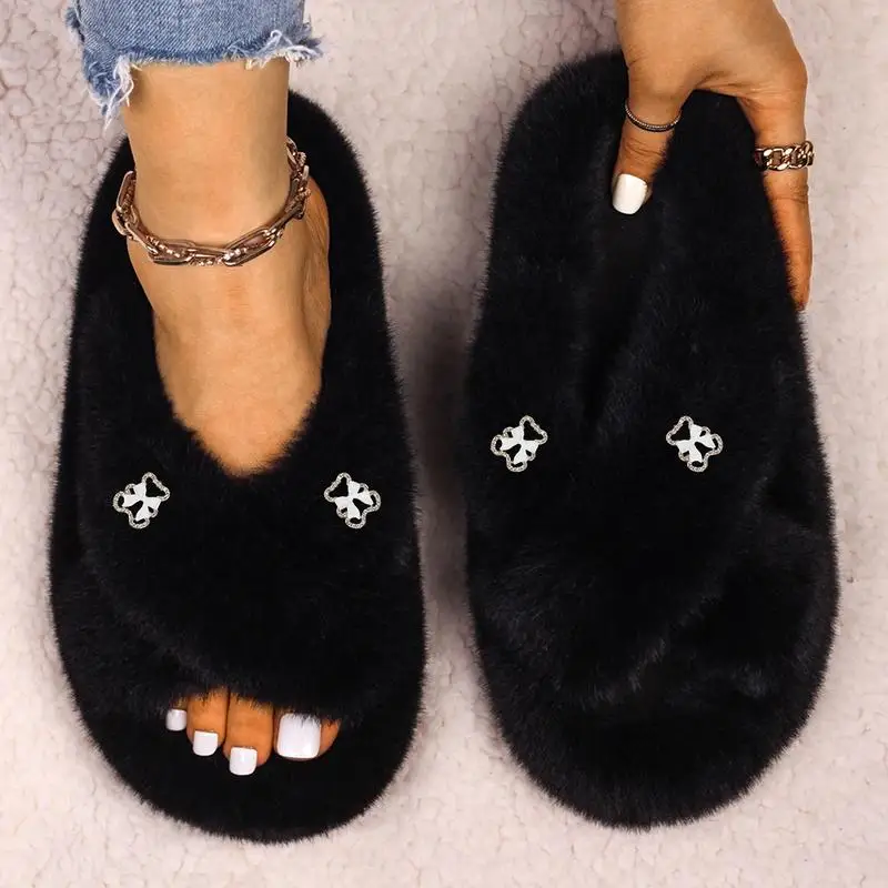 Winter Warm Female Faux Fur Slippers Fluffy Soft Bowknot Bear Platform Shoes Home Slides for Women Fashion Casual Flip Flops