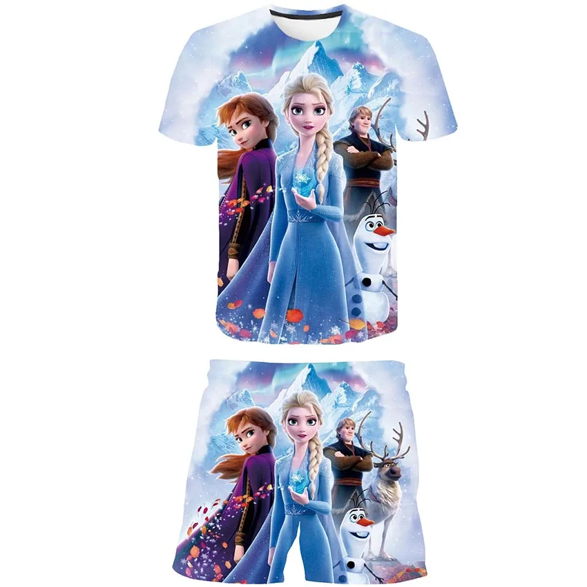 

2022 Frozen 2 Girls Clothing For Summer Elsa Princess T-shirts + Shorts Suits Kids Baby Clothing Cartoon Casual Costume Outfits