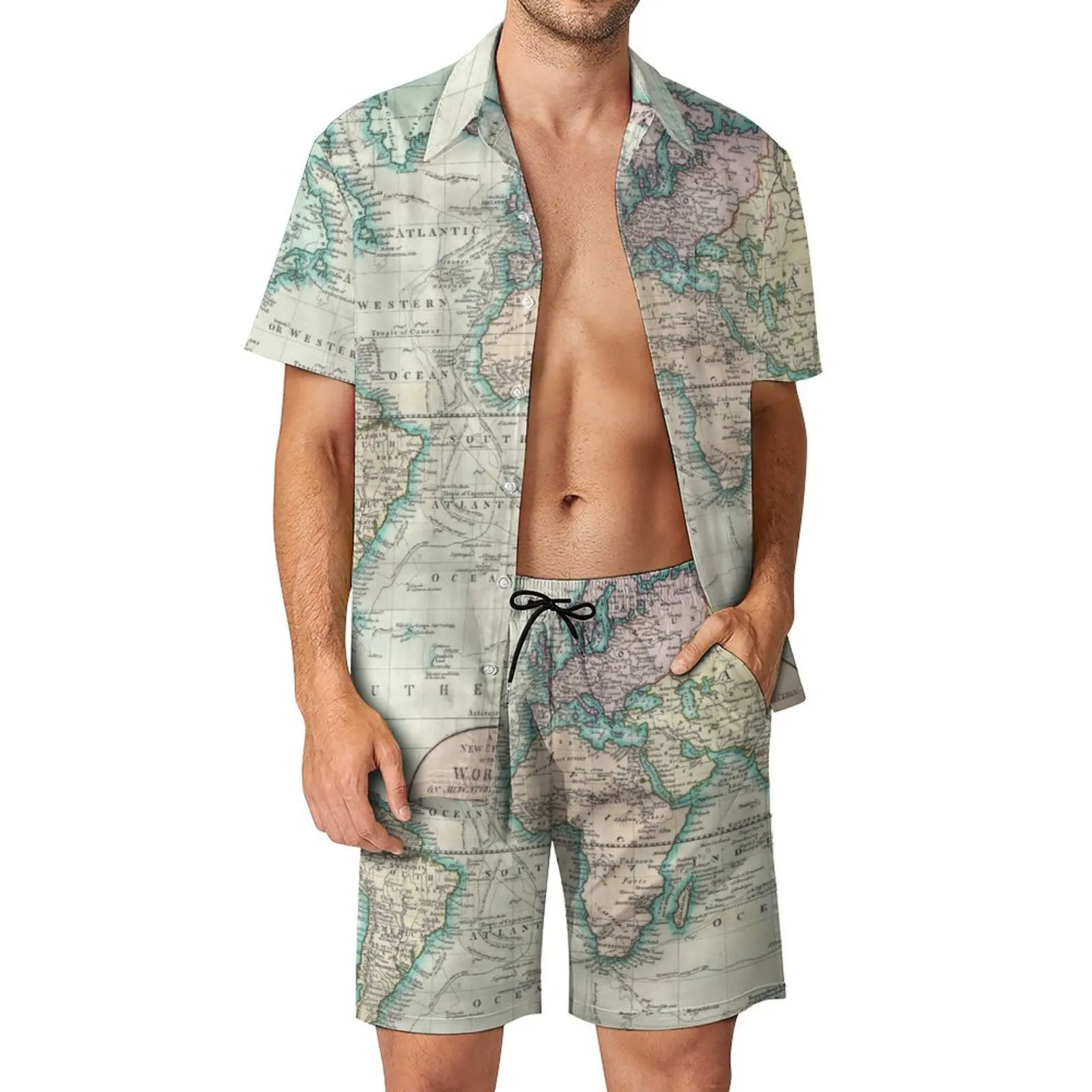 

Earth Map Men Sets Vintage Map of The World Casual Shirt Set Vintage Beach Shorts Summer Suit Two-piece Plus Size 2XL 3XL