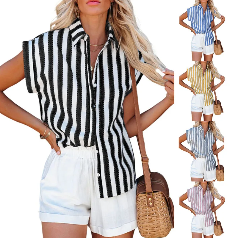 Купи Spring/Summer 2023 New style short sleeve striped shirt for women's loose single breasted shirt за 337 рублей в магазине AliExpress