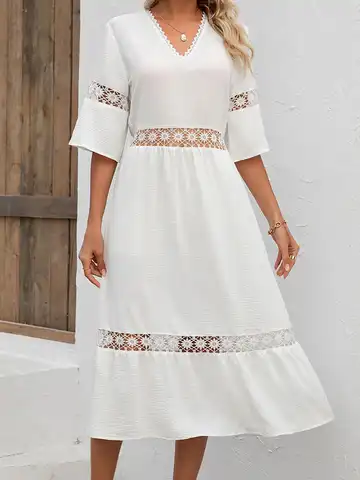 Elegant White Midi Dresses Women Summer Short Sleeve V Neck Dresses Fashion Hollow Out Casual Loose High Waist Dress Vestidos