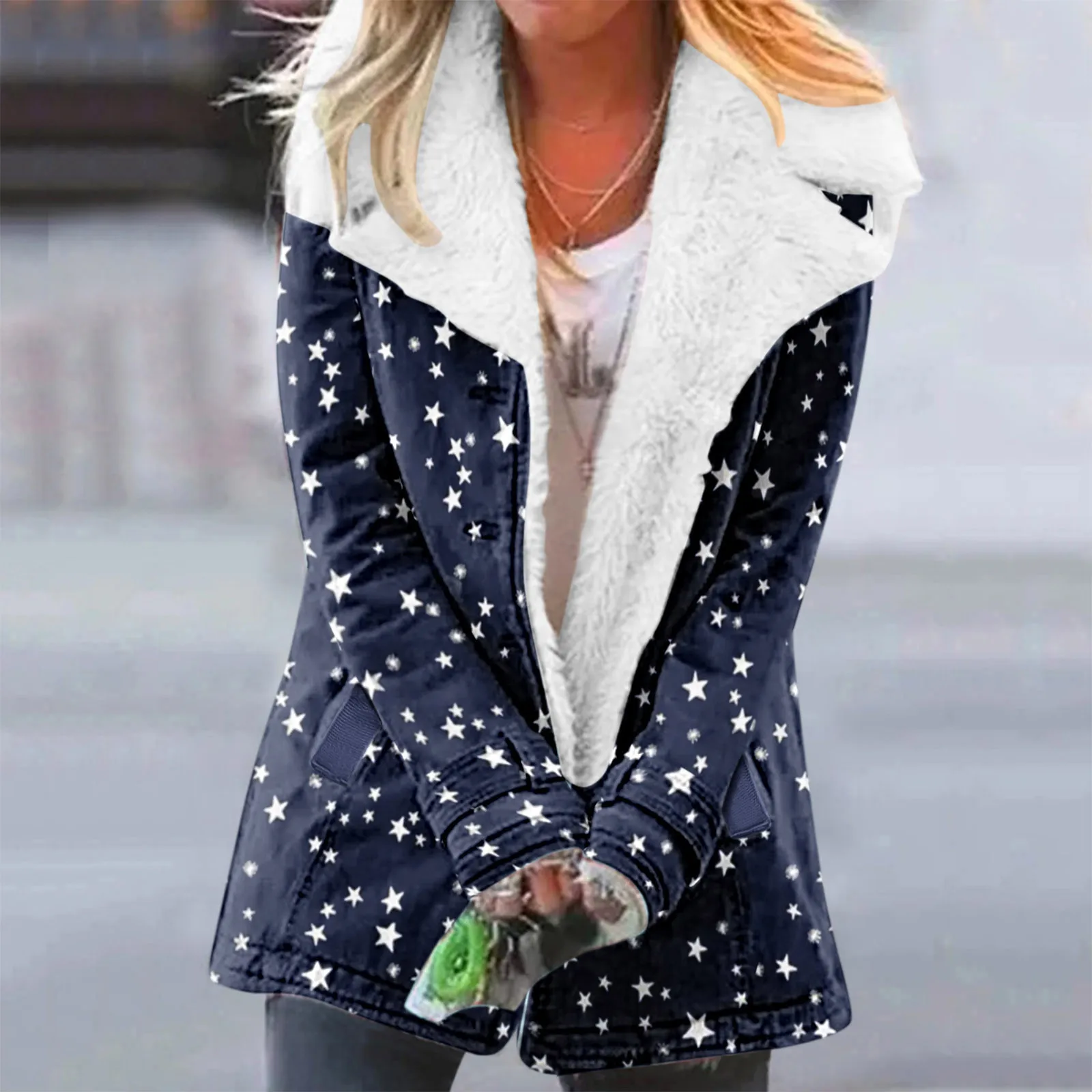 

Women Casual Loose Fuzzy Fleece Coat Gradient Solid Print Lapel Single Breasted Buttons Jacket Winter Hooded Coat куртка женская