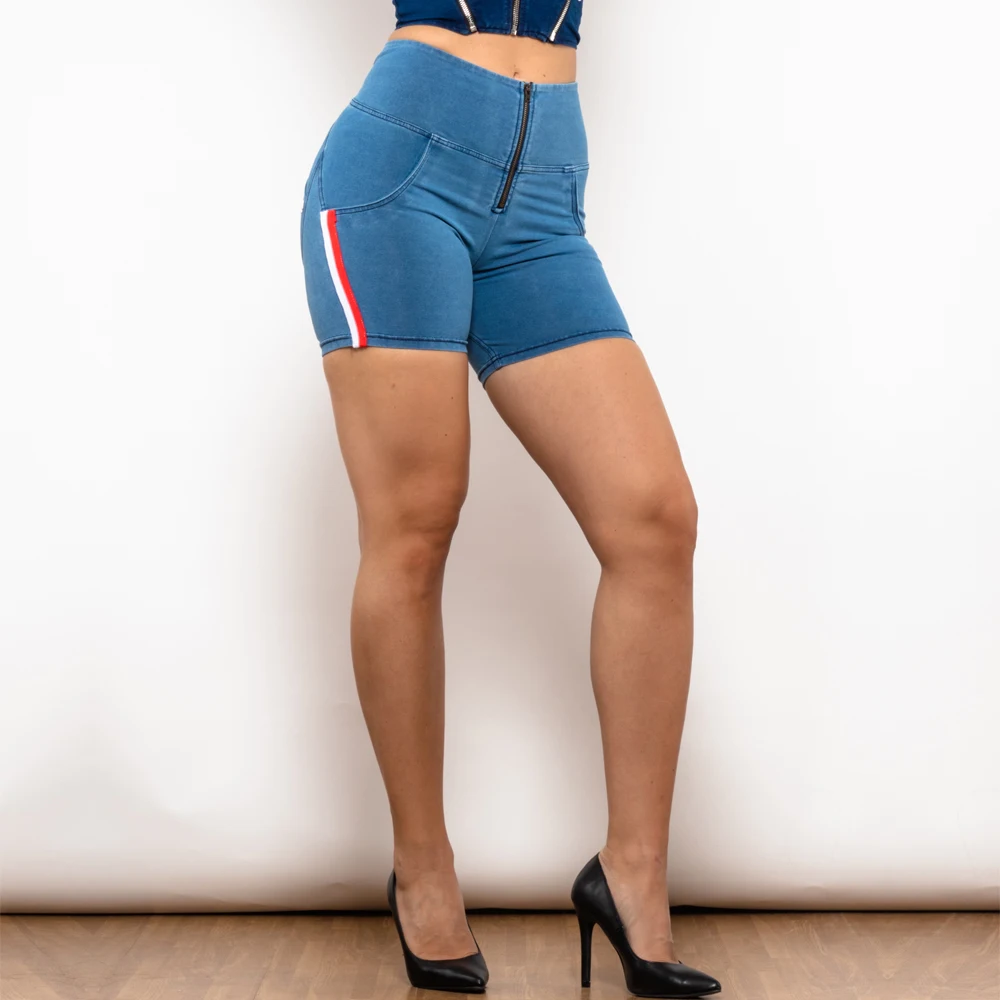 Shascullfites Melody Scrunch Bum Denim Shorts High Waist Dark Thread Light Blue Jeans with Stripe Shorts Women