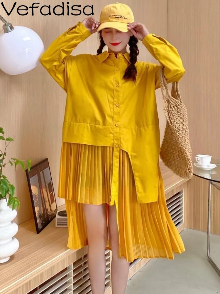 

Vefadisa 2023 Summer New Women Dress Irregular Pleated Spliced Polo Collar Long Sleeve Asymmetric Personalized Shirt Skirt ZY935