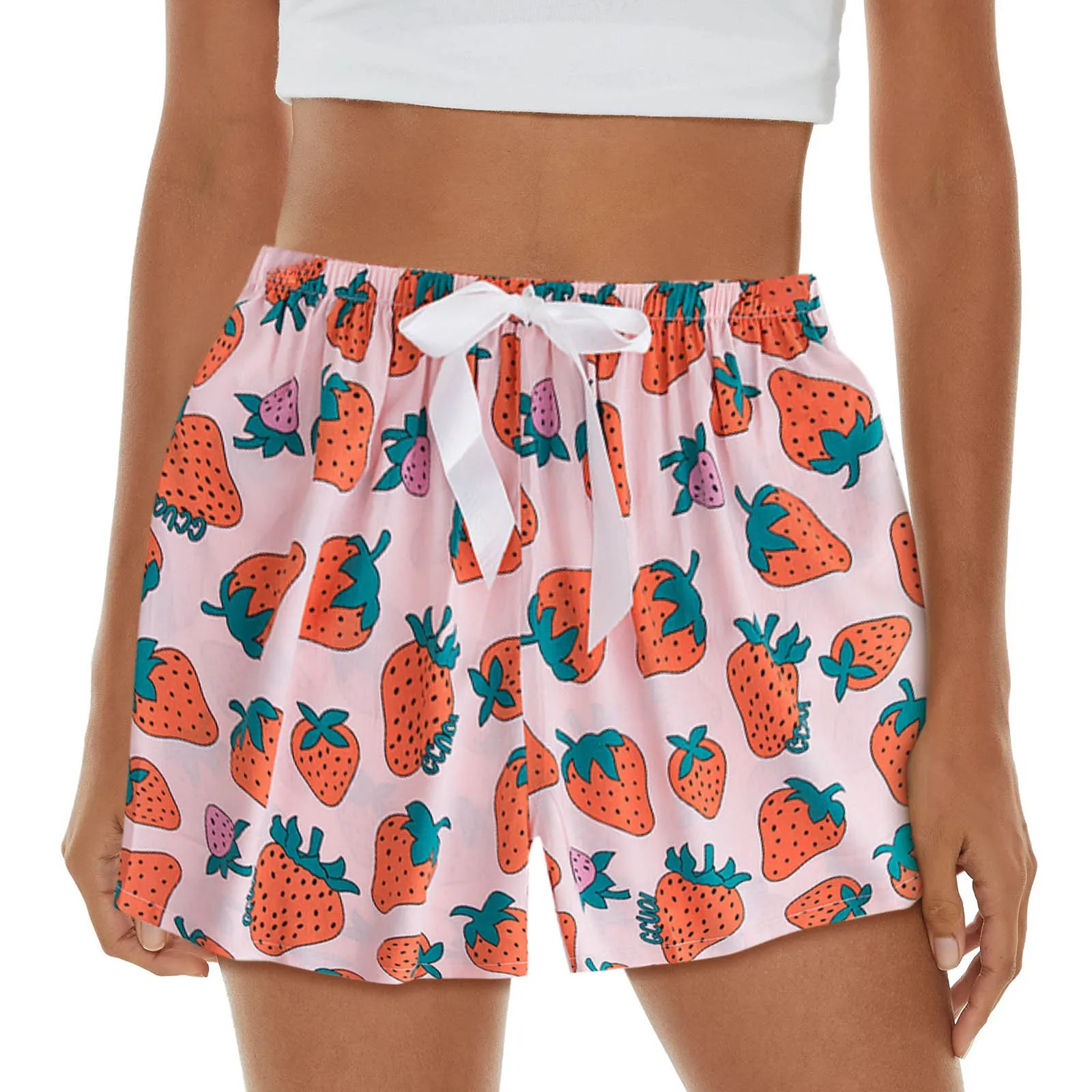 

Sweet Strawberry Print Shorts Women Baggy Loose Hawaiian Floral Shorts Beach Casual Lounge Bottom Lightweight Sleep Shorts 2022