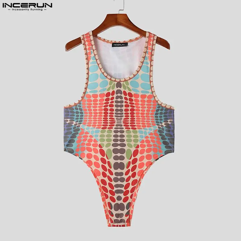 INCERUN Men Bodysuits Printing Colorful O-neck Sleeveless Streetwear Tank Tops Rompers Men 2023 Fitness Summer Bodysuits S-5XL