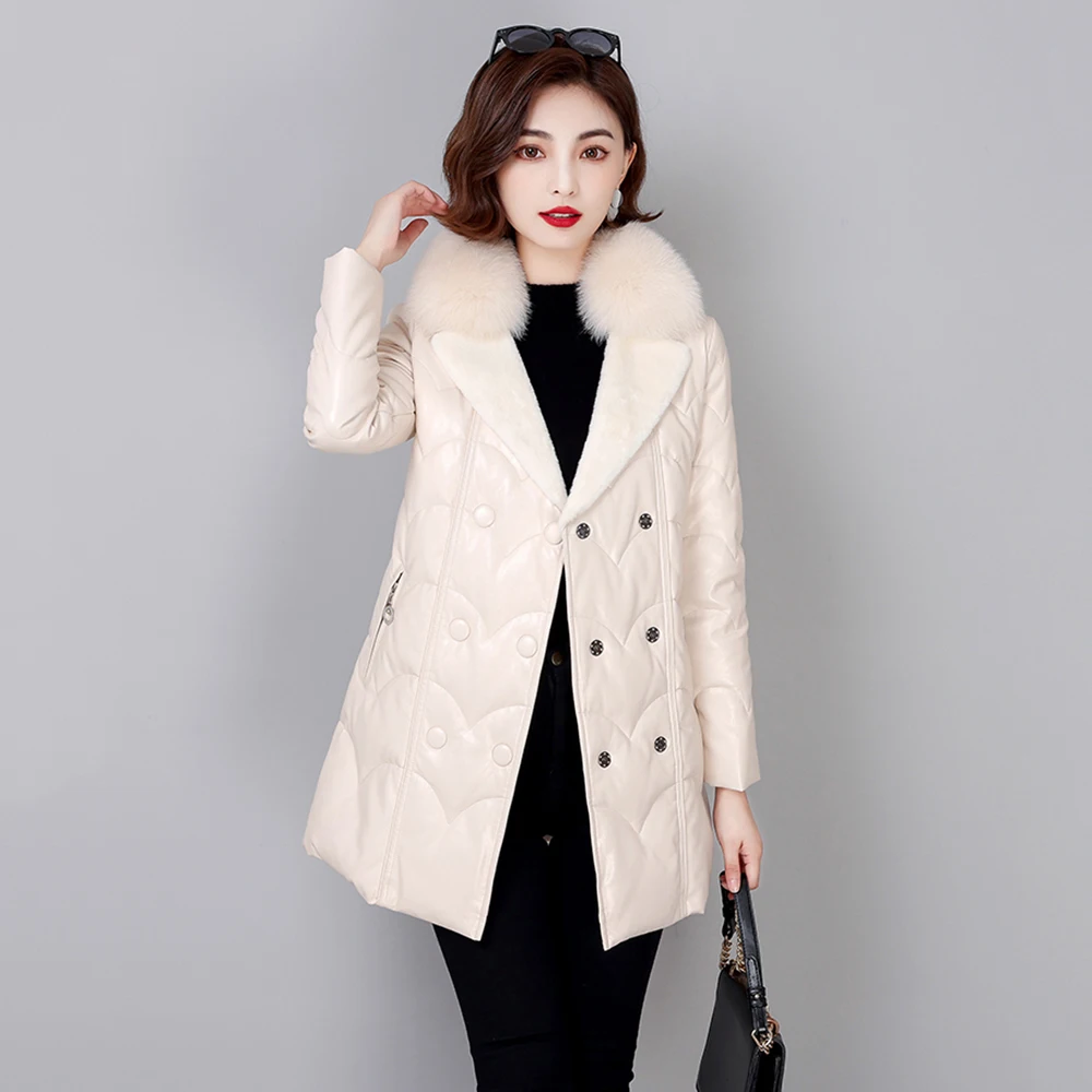 New Women Leather Down Coat Casual Fashion Real Fox Fur Collar Belt Slim Sheepskin White Duck Down Outerwear Thick Warm Jacket