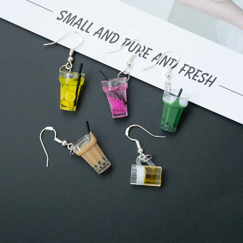 

New hot selling creative pearl milk tea earrings fun small personality wild ear hook lemon drink earrings
