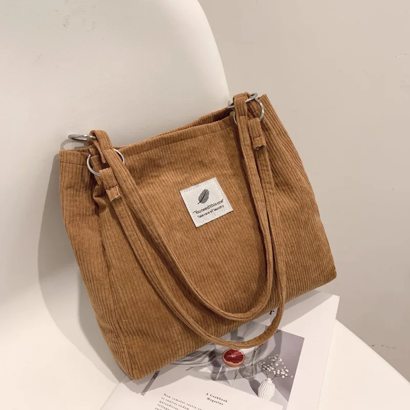 

Canvas Bag Women's Single Shoulder Korea Retro Minimalist Corduroy Large-capacity Hand-held Shopping Bags