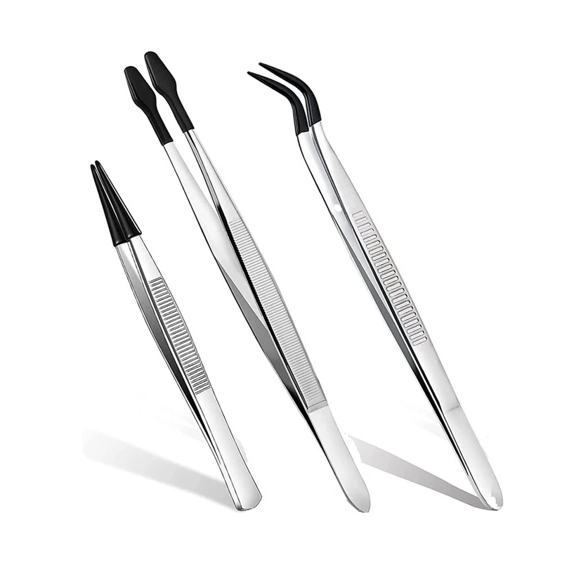 

3 Pcs Rubber Tipped Tweezers 6Inch Straight Flat Tweezers & 6Inch Bent Tip Tweezers & 4.7Inch Pointed Tweezers