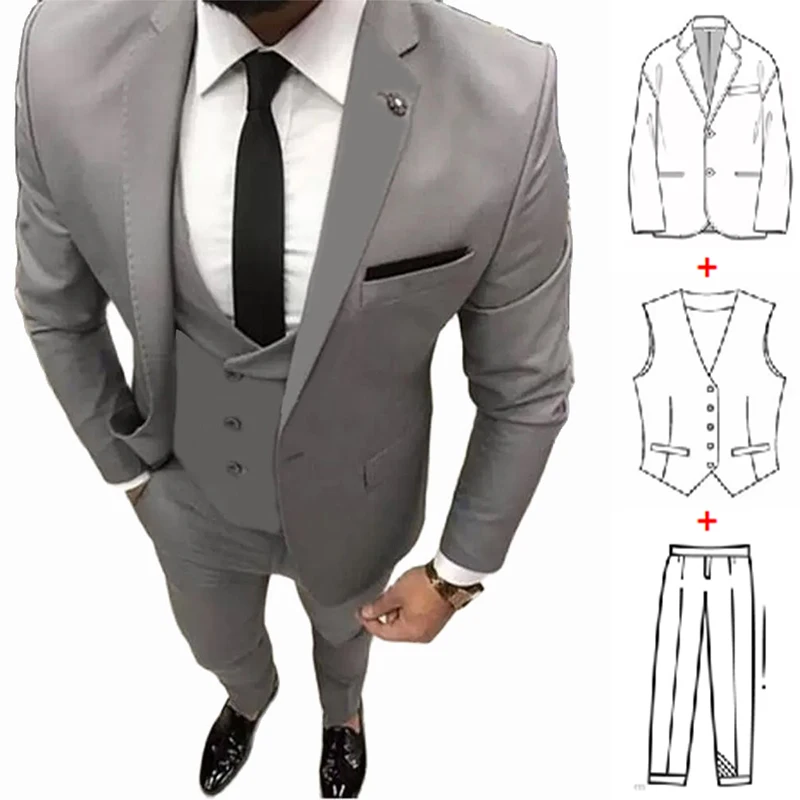 3 Piece Gray Men Suit for Wedding Tailor Made Groom Wedding Tuxedo Costume Homme Best Man Formal Male Suit (Jacket+Vest+Pants)