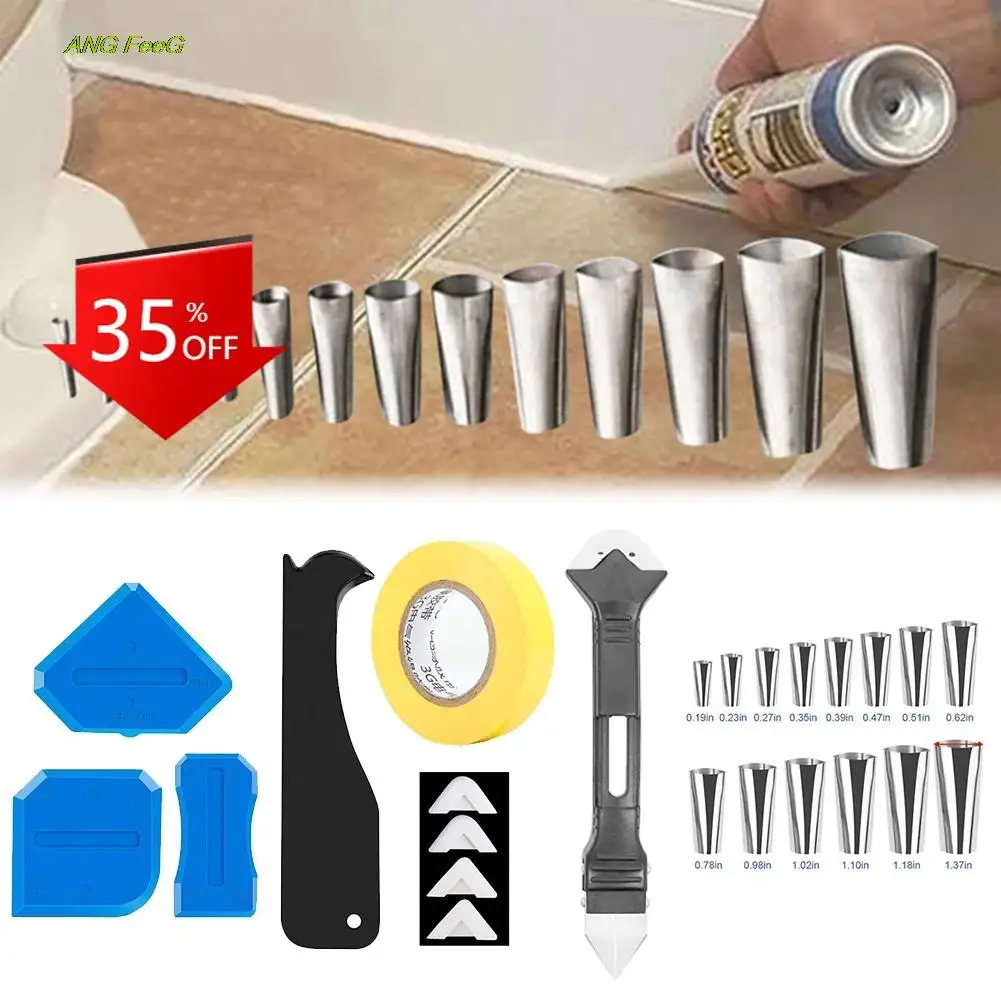 

6In1 Silicone Caulking Finishing Sealant Grout Tool 14Pcs Caulk Nozzle Applicator Finisher Sealant Spreader Spatula Scraper Kit