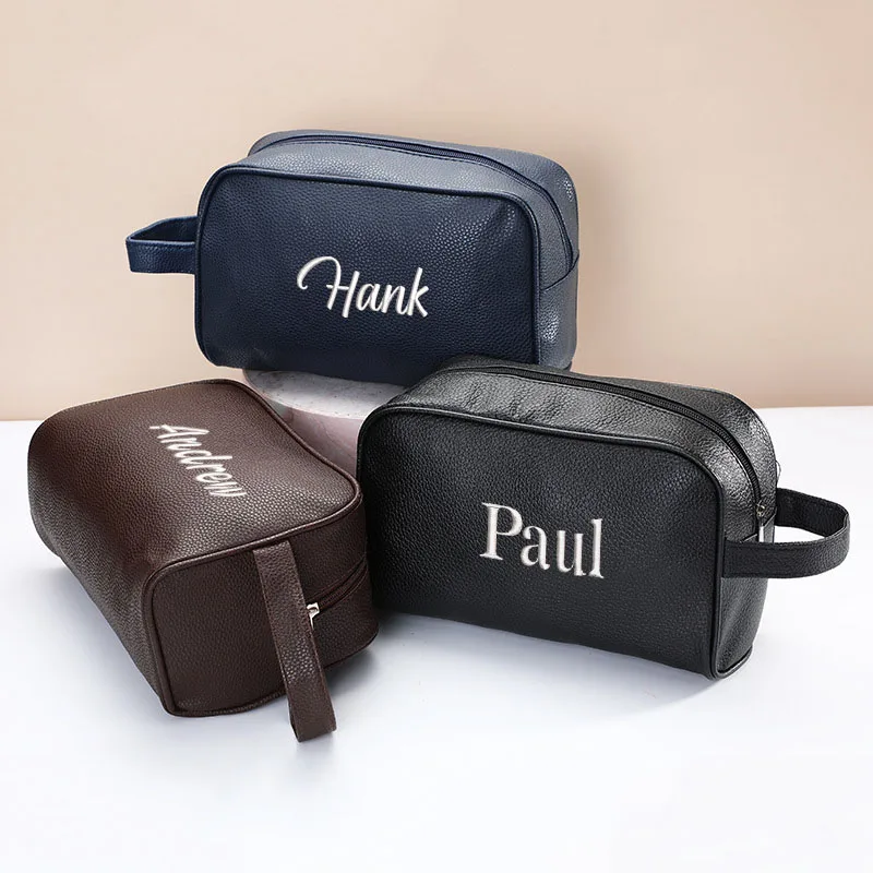 Personalized Embroidery Simple PU Men's Portable Cosmetic Bag Customized Large-Capacity Handheld Toiletries Storage Bag Souvenir