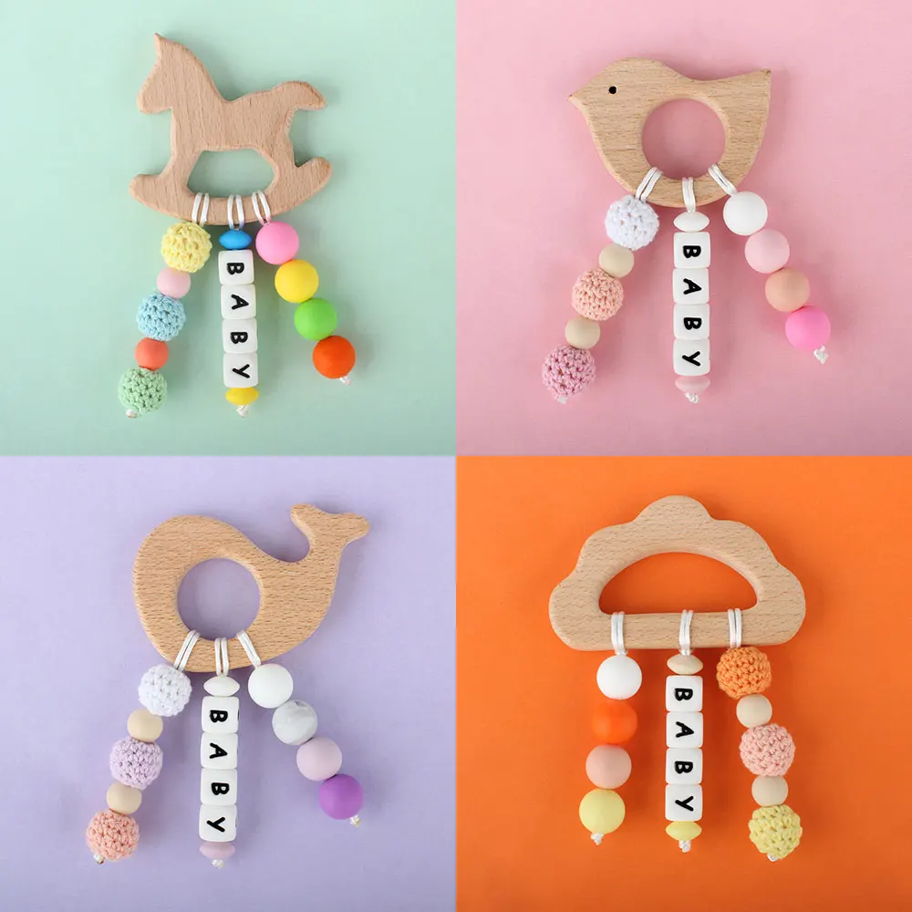 

Personalized Name Baby Rattles Beech Wooden Silicone Food Grade Animals Teether Crochet Cotton Beads Baby Teething Molar Toys