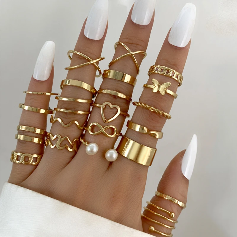

PTQASP Heart Rings Set For Women Vintage Geometric Cross Pearl Butterfly Finger Rings Women&#39s 2023 Trendy Jewelry Gift