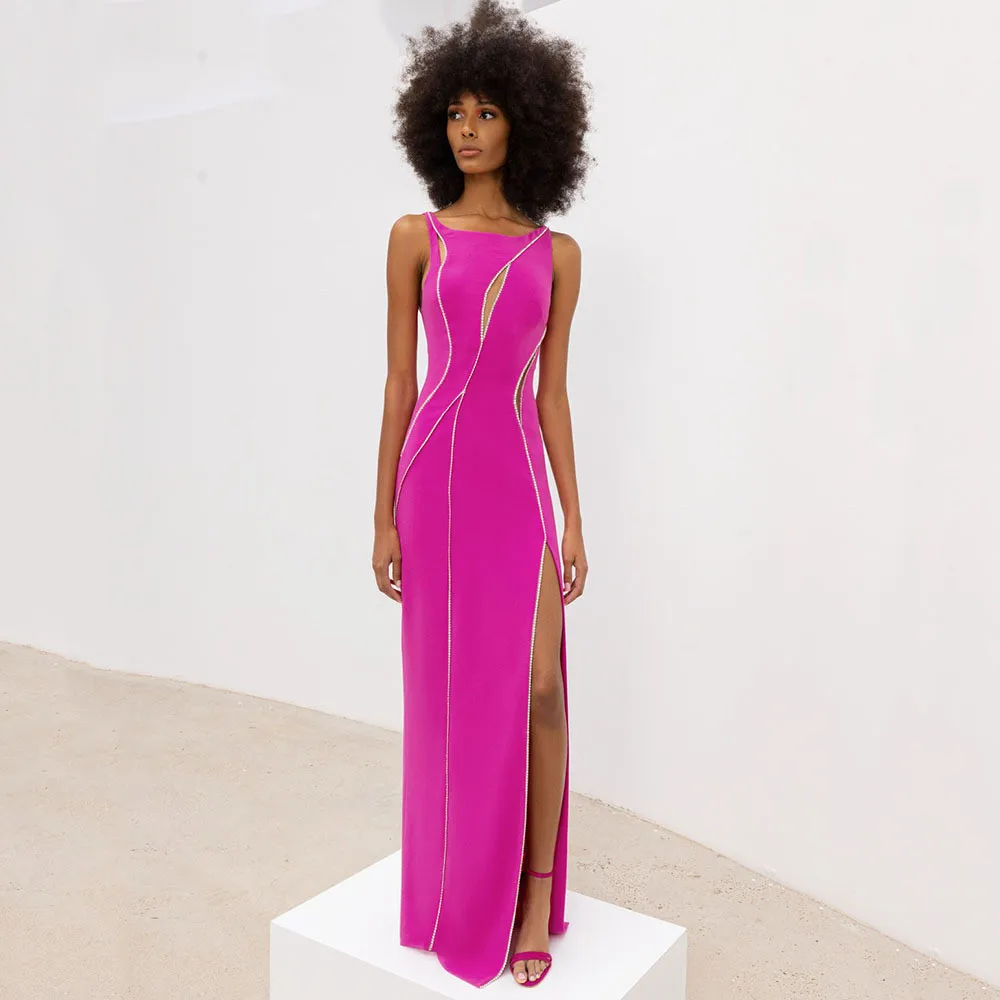 

Женское вечернее платье без рукавов, длинное ажурное платье розового цвета с высоким разрезом и сверкающими бриллиантами, 2023