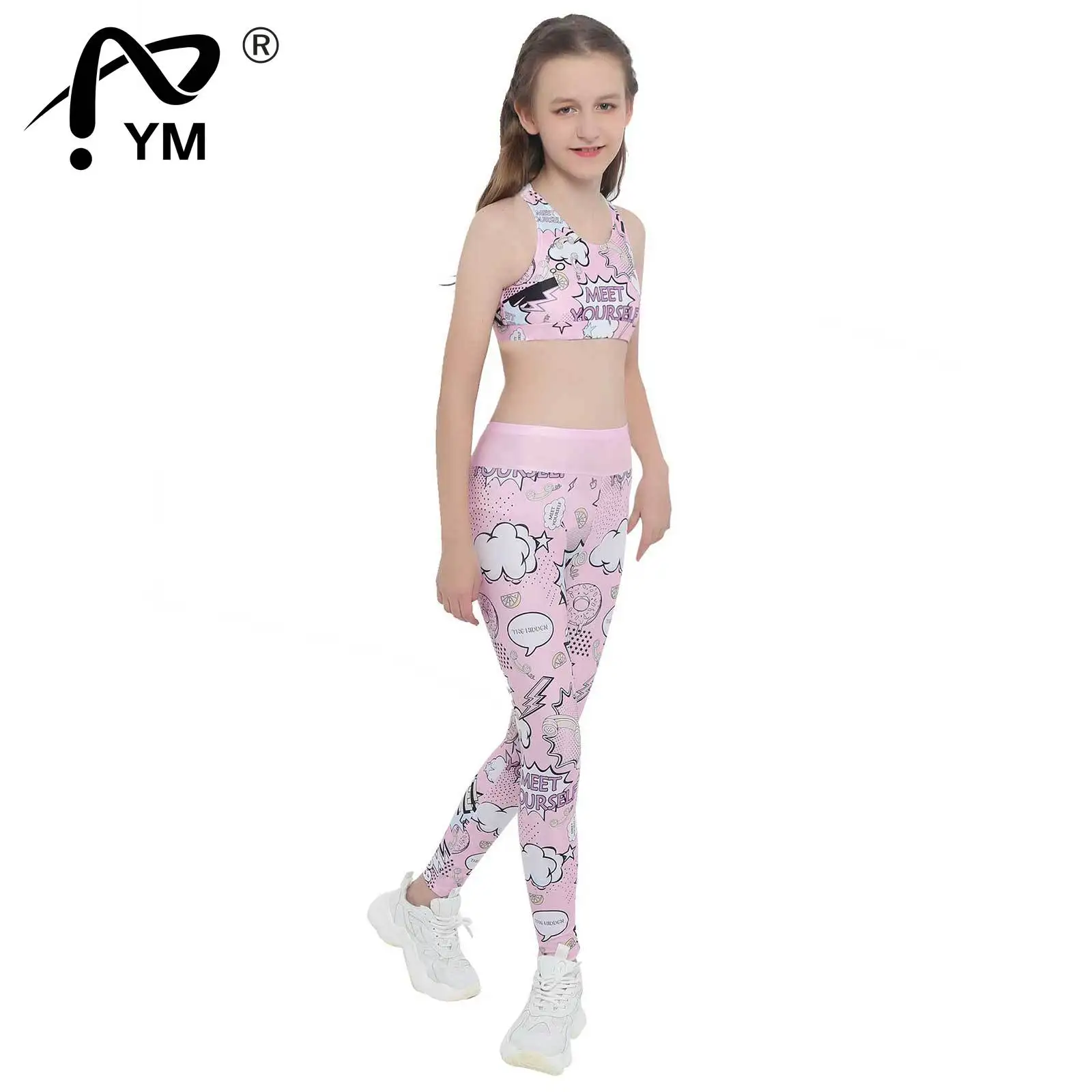 

New Girls Two Piece Yoga Sets Sport Clothes Cartoon Racer Back Top Pants Set Tracksuits Suit Seamless Gym Fitness Gymnastics Out