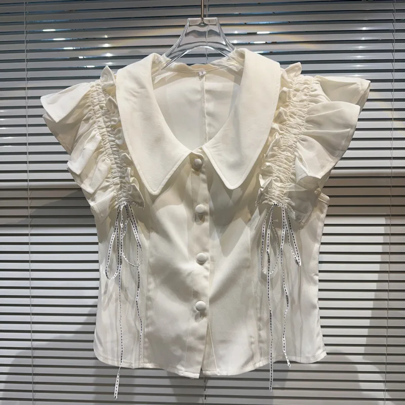 

Женская плиссированная блузка BORVEMAYS, белая рубашка на шнуровке, элегантная женская однобортная блузка без рукавов с лацканами, модель WZ2824 на лето, 2023