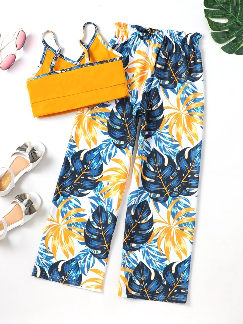2022 Summer Fashion Kids Clothes Girls Outfits 2 Pcs Sets Short V-neck Strap Tops+print Long Pants Beach Girls Clothing Set 5-9Y