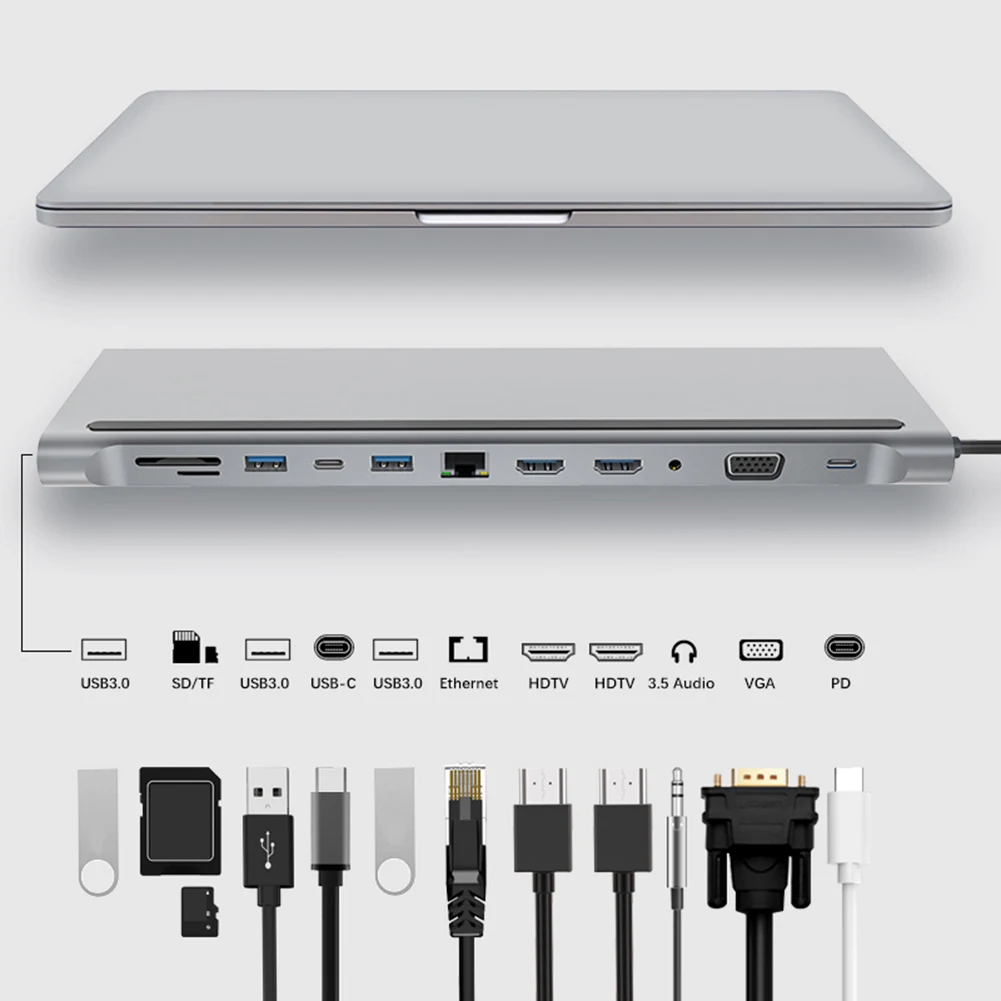 

12 in 1 Type-C HUB USB 3.1 to Dual HDMI-compatible 4K RJ45 VGA USB 3.0 Cable Splitter Docking Station Adapter with Audio 3.5mm