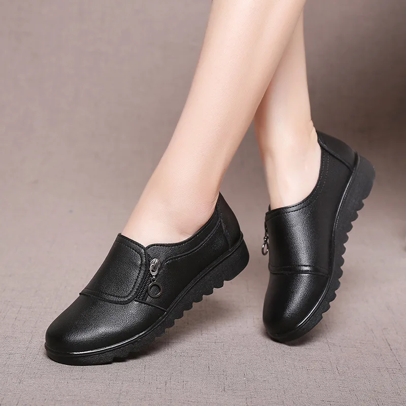 

Fashion Soft Leather Round head Women Casual Flats Ladies Side Zipper Flat Oxford Shoes New Mother single Shoes