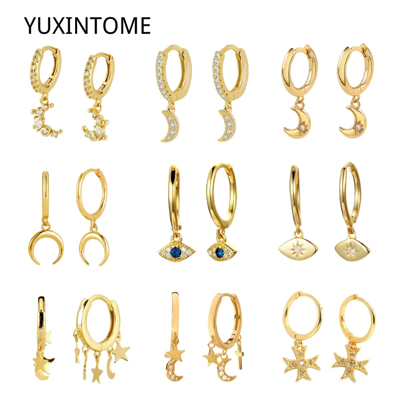 925 Silver Ear Needle Evil Eye Hoop Earrings Blue Crystal Eye Hanging Earrings Star Moon Gold Earrings For Women Korean Jewelry