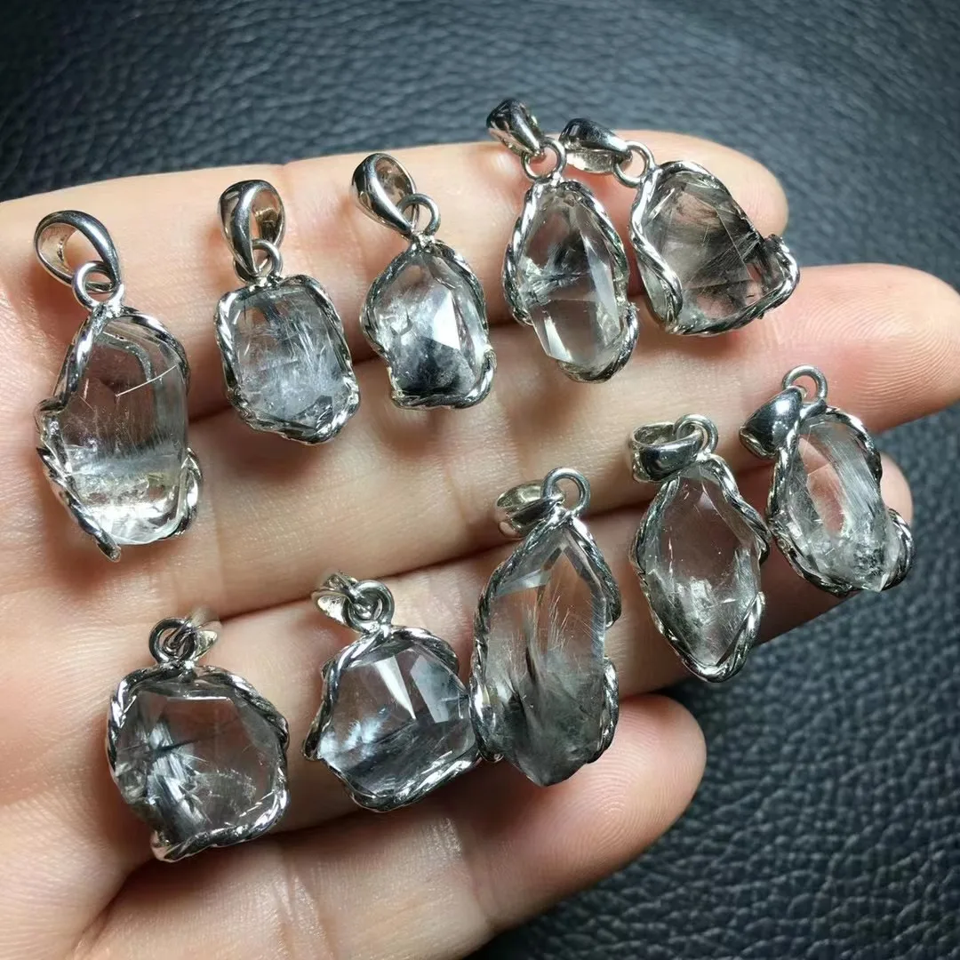 

925 Silver Buckle With High Quality Natural Silver Titanium Quartz Crystal Healing Free Form Stone Pendant For Gift