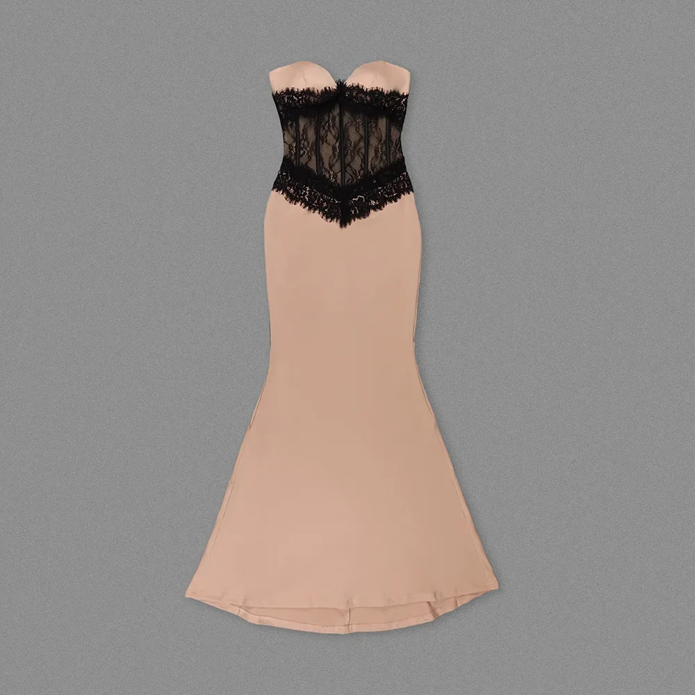 2024 новое сексуальное абрикосовое кружевное эластичное длинное платье без