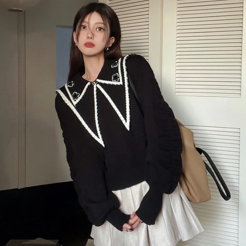 

2022 Autumn Vintage Pullover Women Sweater Fashion Office Ladies Peter Pan Collar Sweet Knitted Long Sleeve Jumpers Top Y2k Traf