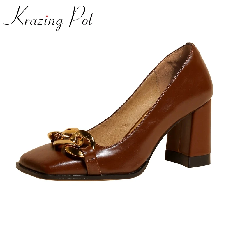 

Krazing Pot genuine leather square toe high heels metal chain decorations office lady daily wear shallow mature women pumps L34