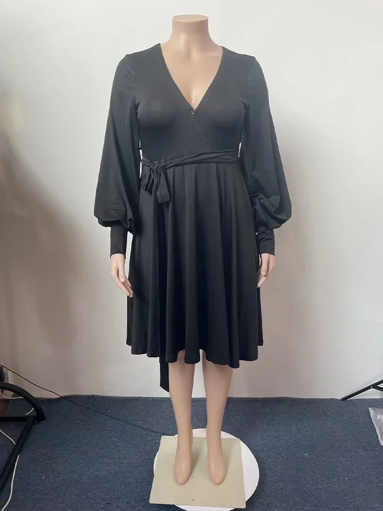 Plus Size Fit and Flare Dresses Women's Costumes Classic Deep V Neck Long Sleeve High Waisted Pleated Knee Length Robe