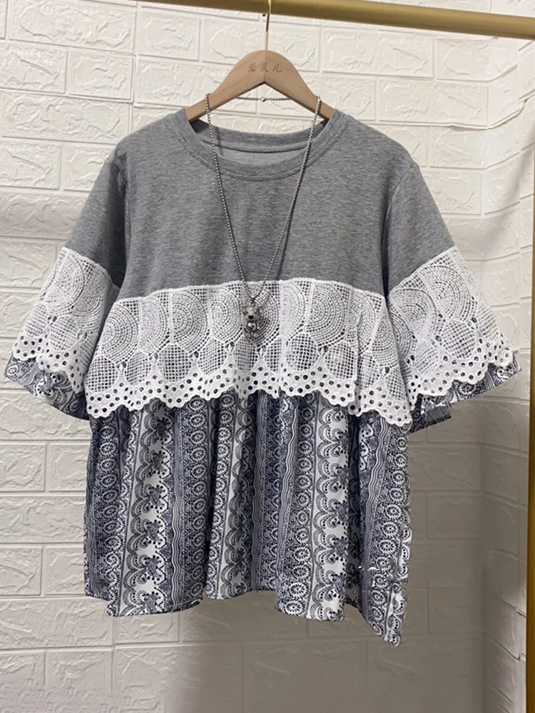 

Женская Кружевная футболка с коротким рукавом, круглым вырезом и принтом