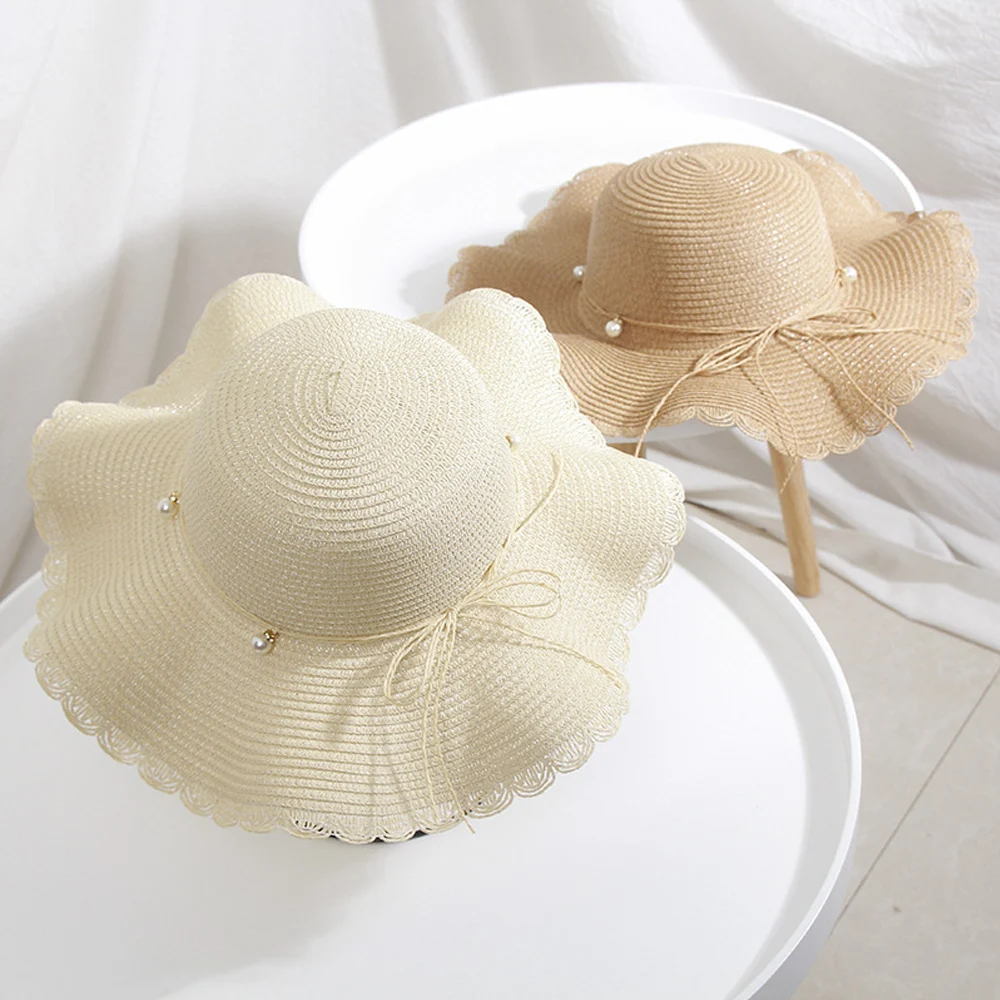 

Summer Pearl Parent Child Wave Sun Cap Panama Beach Hat Straw Hat Baby Sunshade