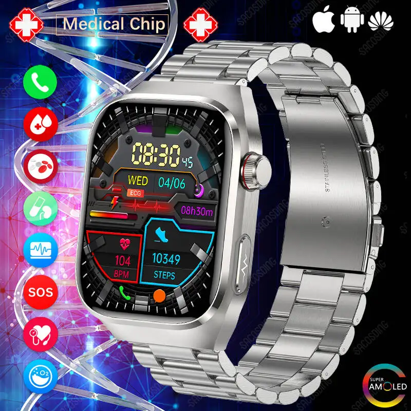 Смарт-часы AMOLED 2 04 дюйма Bluetooth тест на уровень сахара в крови