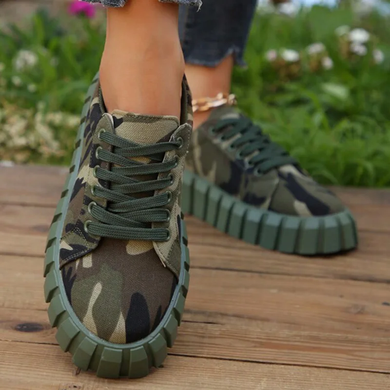 2023 Fashion Women Camo Pattern Lace-up Front Skate Shoes Spring Autumn Flat Sole Sewing Round Toe Non Slip Ladies Female shoes