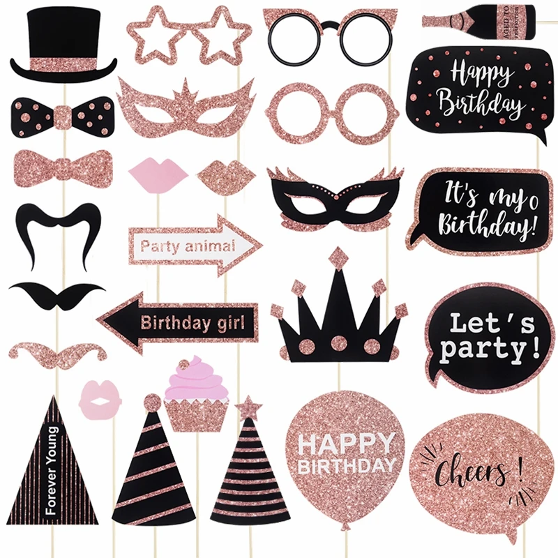 Accessoires de photomaton joyeux anniversaire  masques amusants  chapeau moustache lèvres