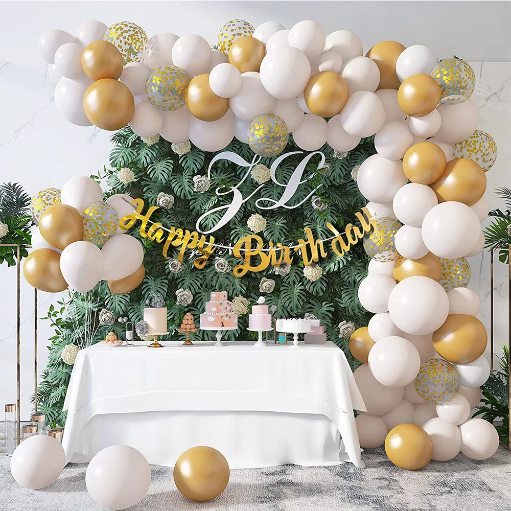 

101pcs White Gold Confetti Balloon Garland Arch Kit Happy Birthday Banner Decoration Baby Shower Adult Kid Birthday Party Decor