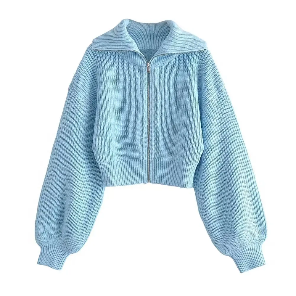 

Women's casual zipper balloon sleeve knitted sweater cardigan
