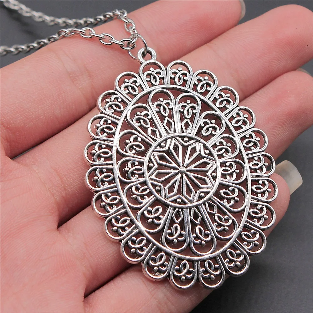 Ожерелье с кулоном в виде мандалы для женщин и мужчин, длинная цепь под античное серебро, 59x43 мм