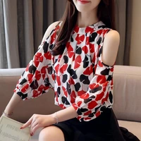 vintage printed hollow out oversized off shoulder chiffon shirt 2022 summer new casual tops loose commute women clothing blouse