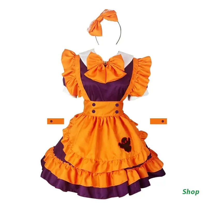 

L5YC Halloween Cosplay Costume Pumpkin Suit Uniform Women Lolita Dress with Apron