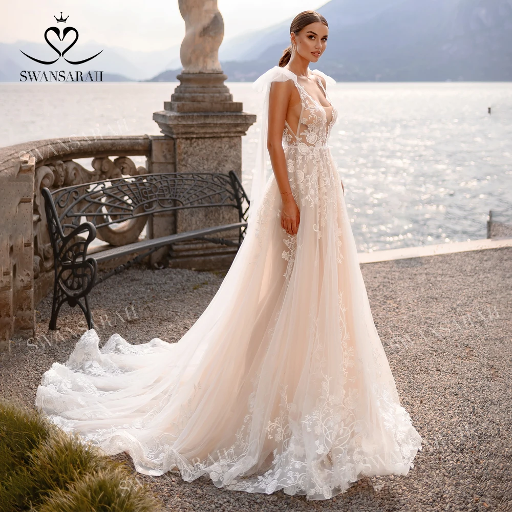 

V-neck Sleeveless Wedding Dress 2023 A-Line Court Train Beach Princess Bride Gown Chic SwanSarah AS172 Custom Vestido De Novia