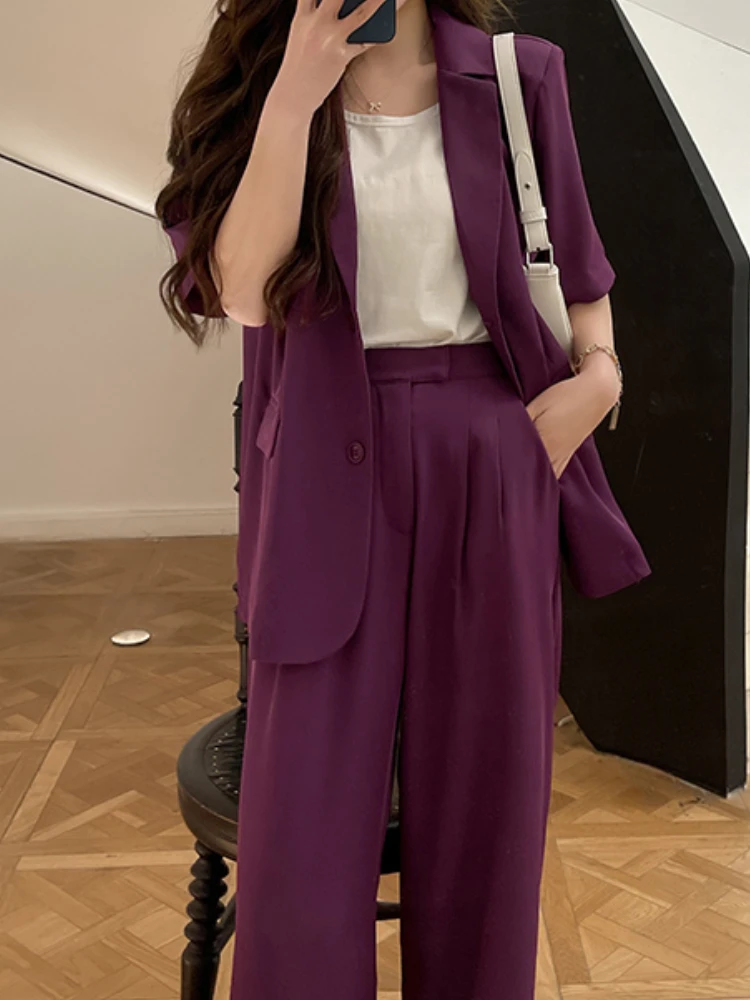 

Summer Casual Loose Women Blazer Pantsuit Short Sleeve Jackets Wide Leg Trousers Two Pieces Set Femme Fashion Formal Outfits