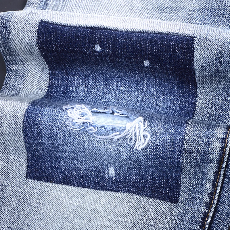 Street Fashion Designer Men Jeans Vintage Retro Light Blue Elastic Slim Fit Ripped Jeans Men Patched Hip Hop Brand Pants Hombre